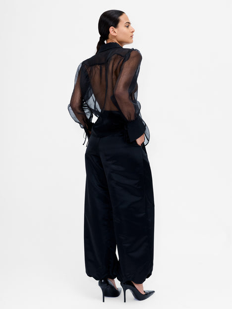 French Connection Mai Black 3D Floral Organza Tie Cuff Shirt
