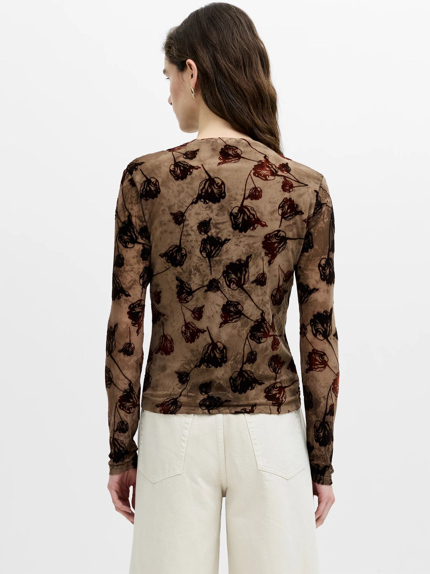 French Connection Tia Brown Floral Velvet Devore Mesh Top