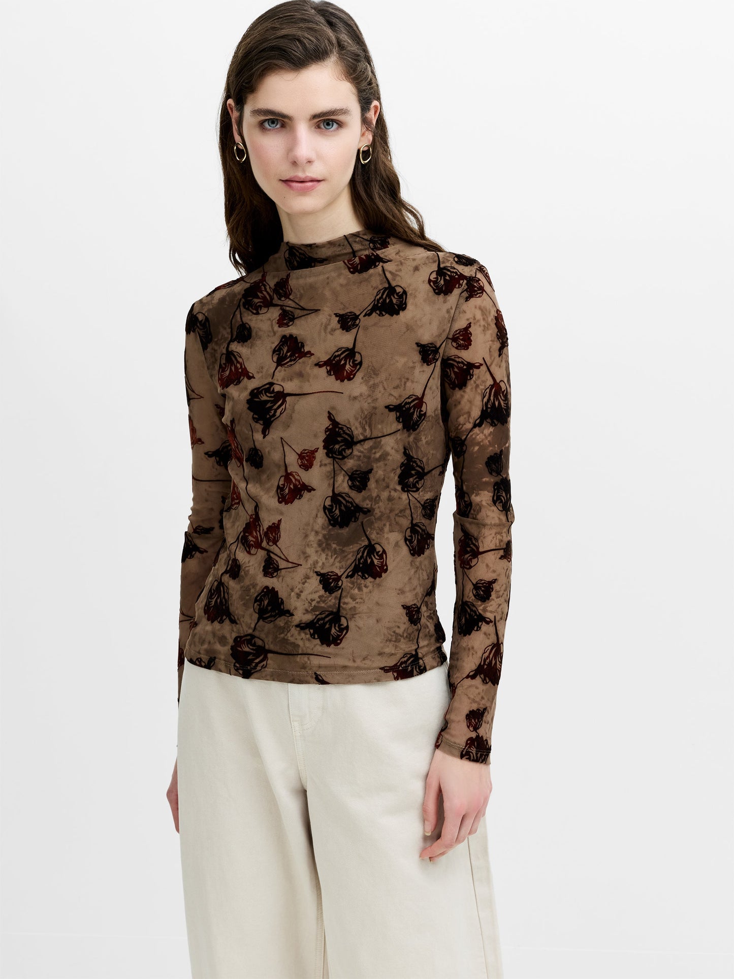 French Connection Tia Brown Floral Velvet Devore Mesh Top