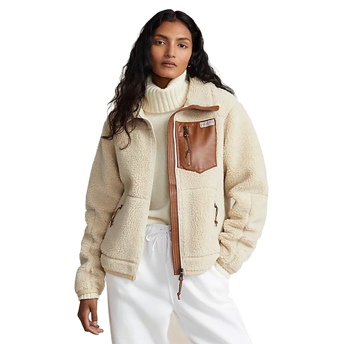 Polo Ralph Lauren Leather-Trim High-Pile Fleece Jacket
