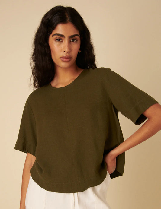 Nobody's Child Green Linen-blend Short Sleeve Top
