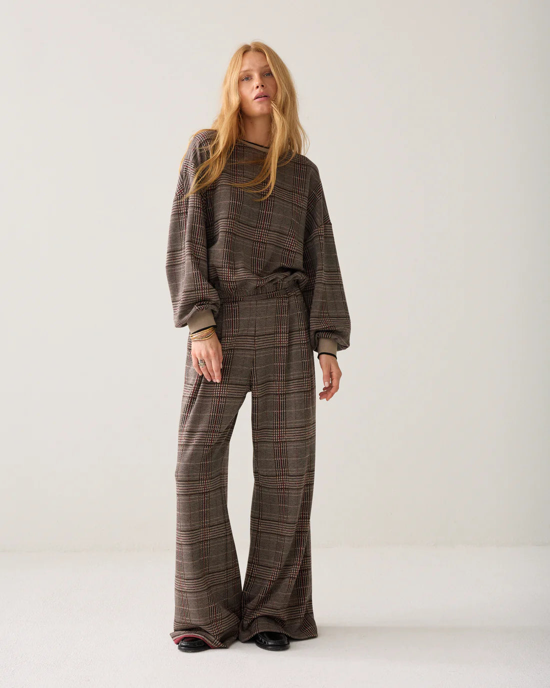 Summum Wide Leg Trousers in Plaid Jacquard