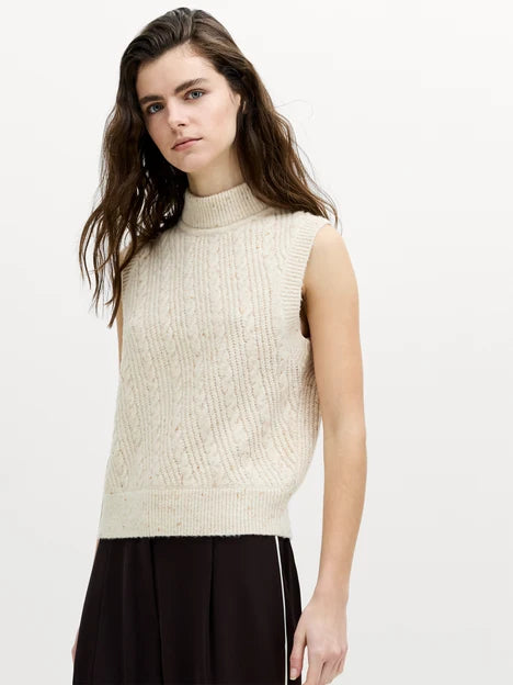 French Connection Charlene Ecru Cable Knit Mock Neck Vest