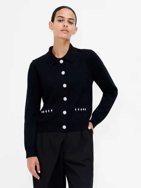 French Connection Ellaria Black Pearl and Diamante Knit Cardigan