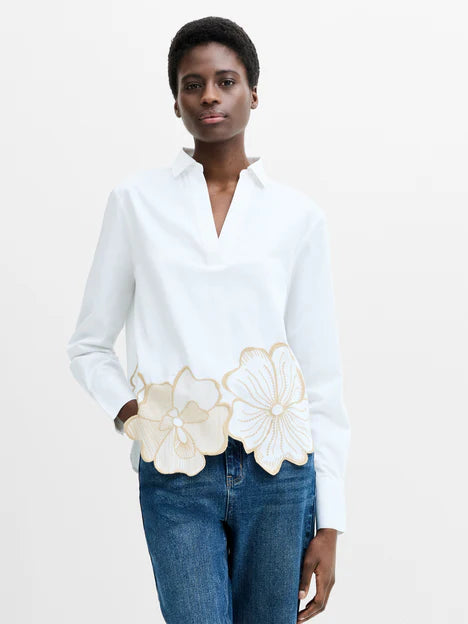 French Connection Cotton Floral Embroidered Hem White Popover Shirt