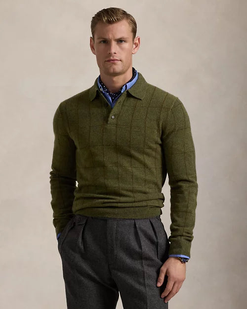 Polo Ralph Lauren Plaid Wool-Cashmere Polo-Collar Sweater