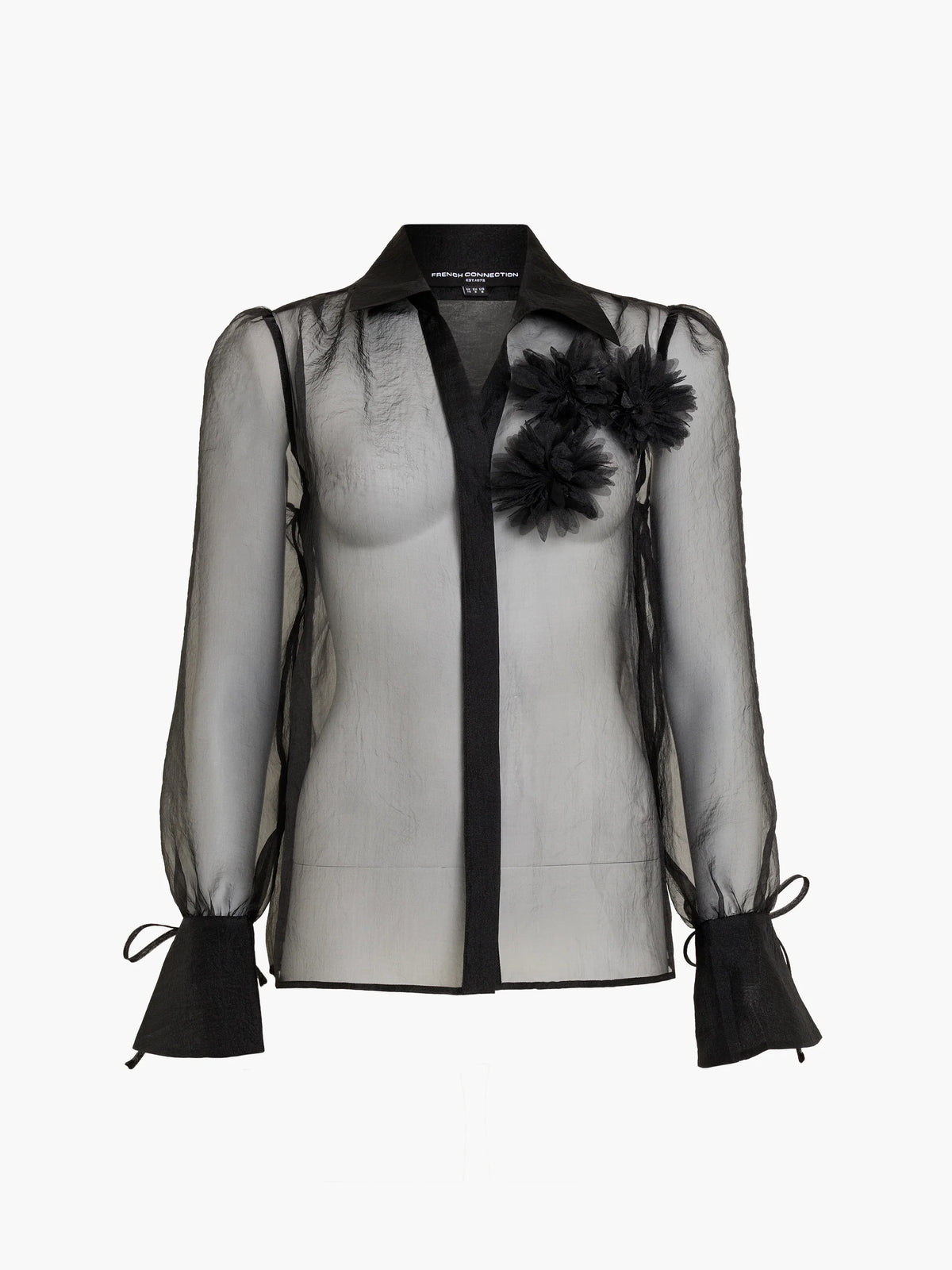 French Connection Mai Black 3D Floral Organza Tie Cuff Shirt