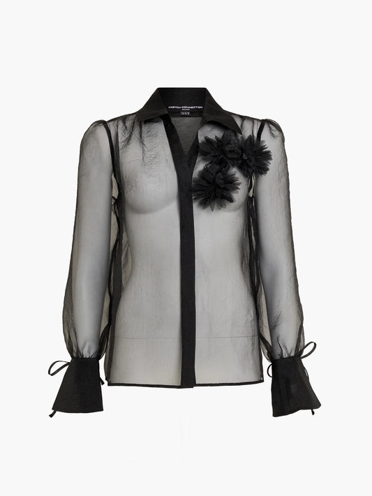 French Connection Mai Black 3D Floral Organza Tie Cuff Shirt