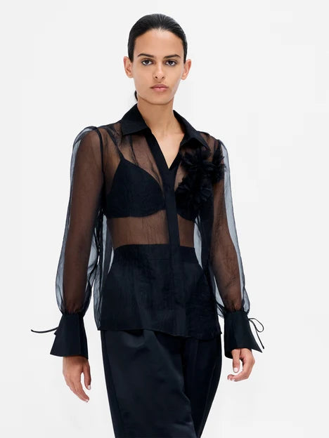 French Connection Mai Black 3D Floral Organza Tie Cuff Shirt