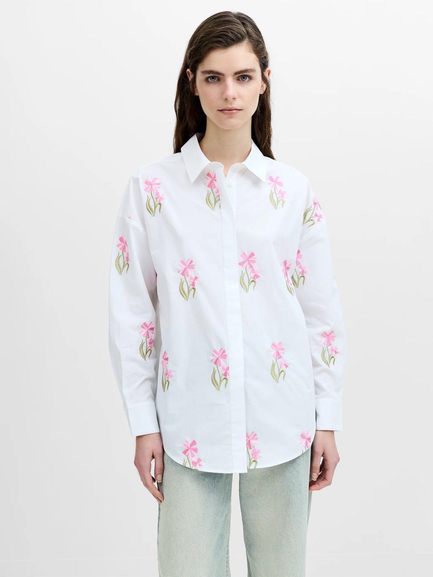 French Connection Cambria Cotton Embroidered Floral White Shirt