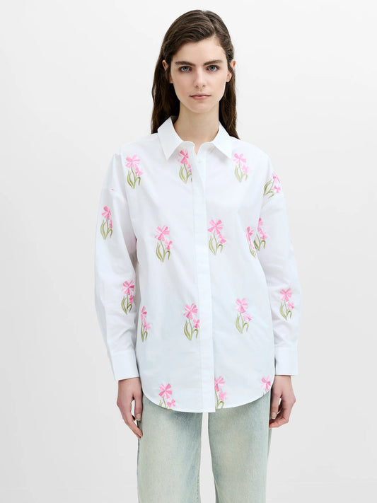 French Connection Cambria Cotton Embroidered Floral White Shirt
