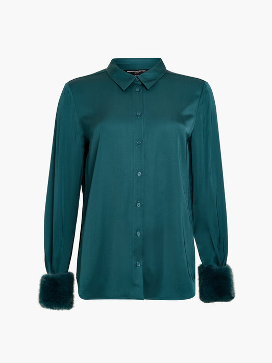 French Connection Hope Satin Faux Fur Trim Shirt