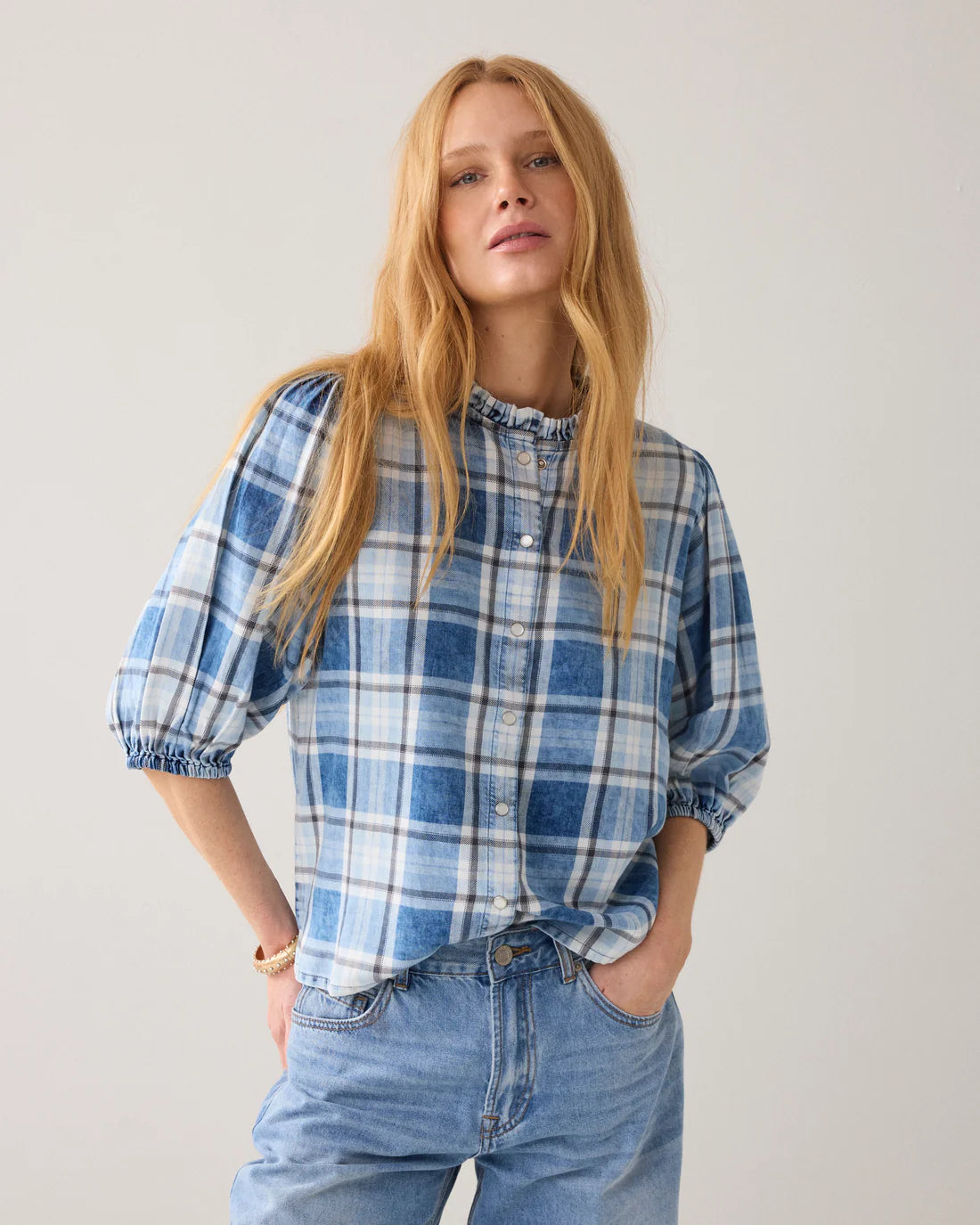 Summum Plaid Blouse with Puff Sleeves