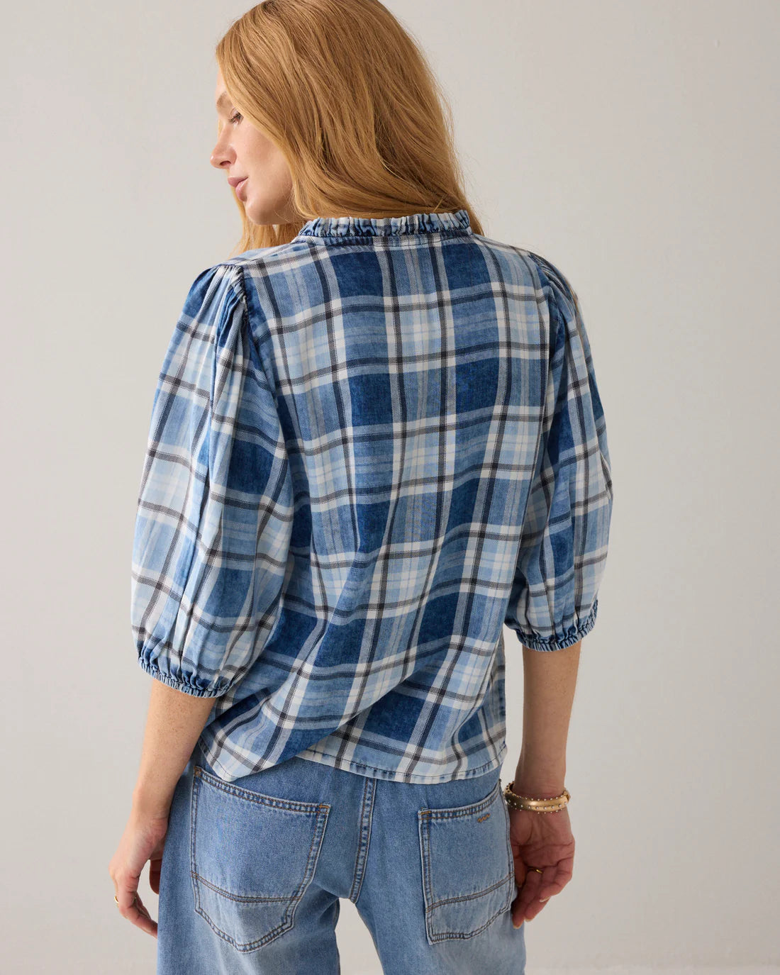 Summum Plaid Blouse with Puff Sleeves