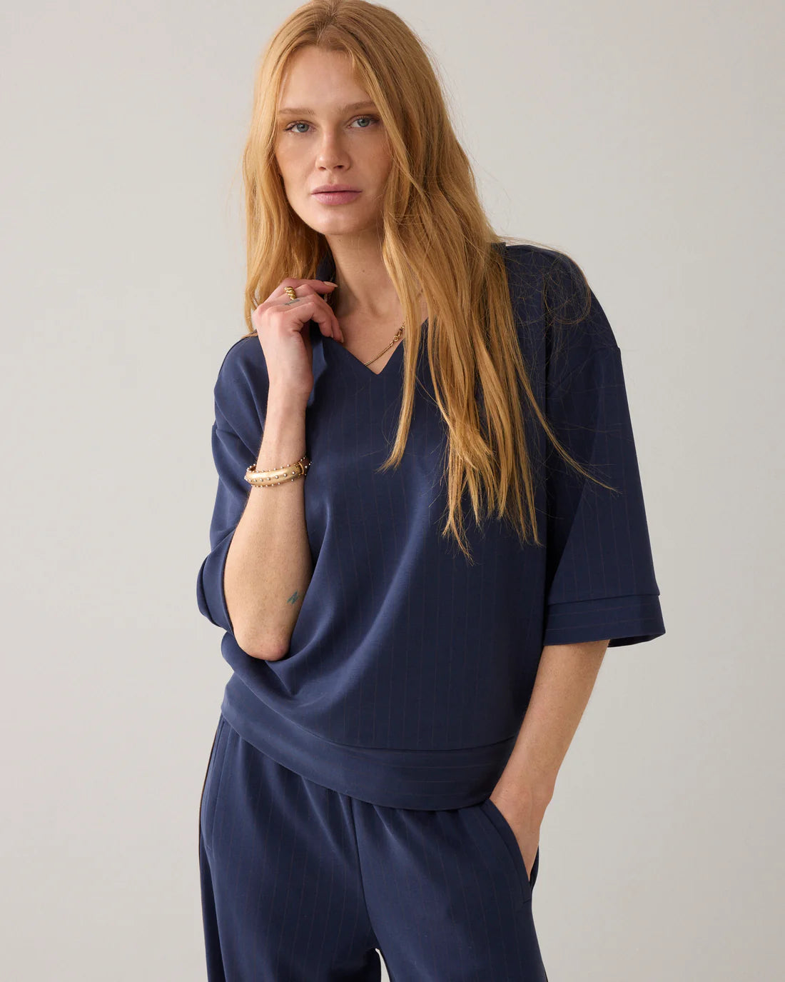 Pinstripe Polo Top in Soft Scuba Fabric