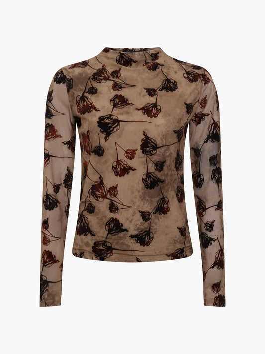 French Connection Tia Brown Floral Velvet Devore Mesh Top