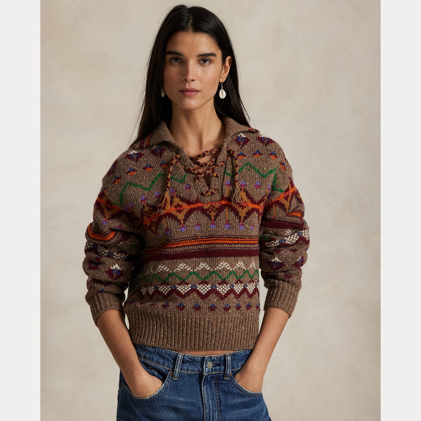 Polo Ralph Lauren Fair Isle Lace-Up Wool Sweater